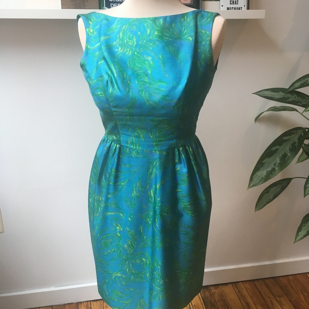 Vintage 60s teal silk boat neck cocktail dress